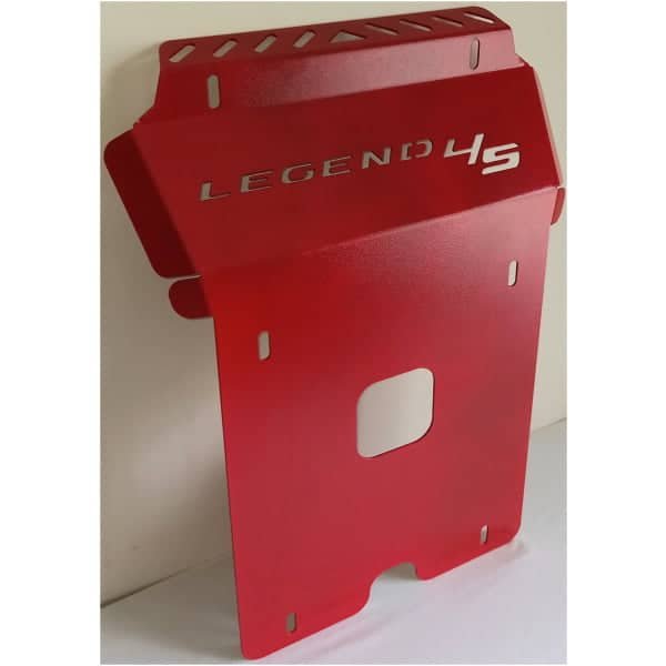 Red off-road vehicle fuel tank protection skid plate for 4x4 off-road vehicles.