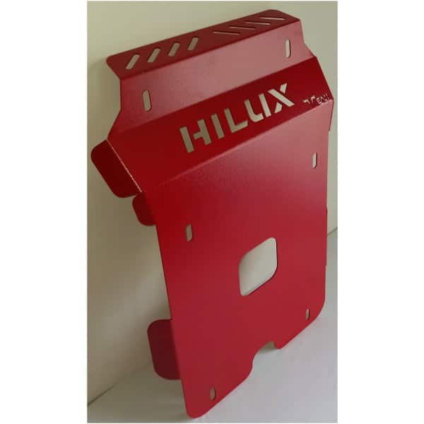 Heavy-duty red metal fire shield with "HILUX" branding for vehicle safety.