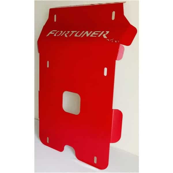 Red Fortuner off-road vehicle number plate holder for enhanced 4x4 protection and rugged look.