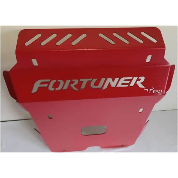 Red Fortuner badge shield for 4x4 off-road vehicles, durable aluminium material.