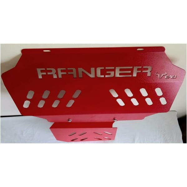 Red aluminium radiator guard for Ford Ranger 4x4 vehicles, custom off-road vehicle protection.