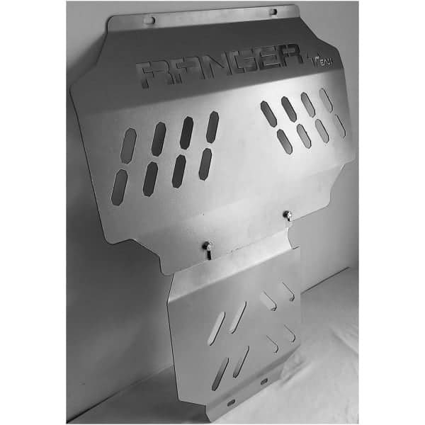 Aluminium engine guard for 4x4 off-road vehicles with cutouts for ventilation.