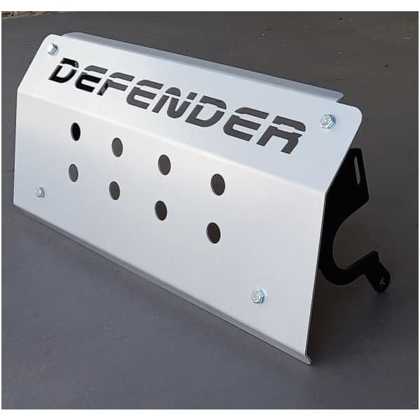 Aluminium skid plate for off-road vehicles with DEFENDER branding for enhanced protection.