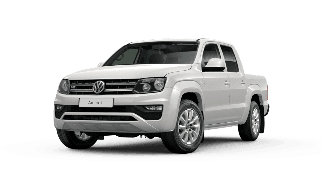 White Volkswagen Amarok pickup truck in off-road setting, ideal for adventure and work vehicles.