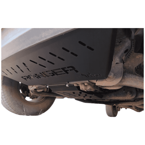 Heavy-duty underbody protection skid plate for 4x4 off-road vehicles, durable steel material.