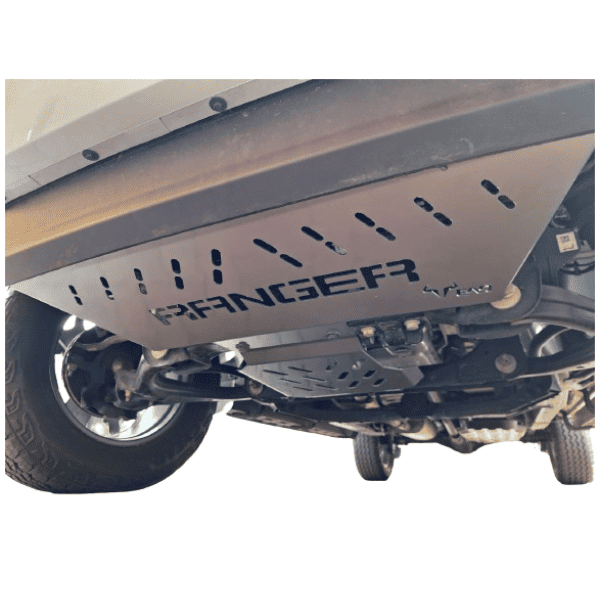Underbody skid plate on a Ford Ranger 4x4 off-road vehicle for enhanced protection.